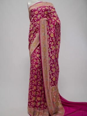 Pure Banarasi Handwoven Saree with Zari weaving and Hand Brush paint