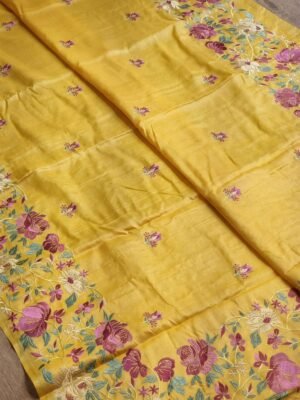 Pure Tusser Saree With Hand Emroidery Work-Yellow